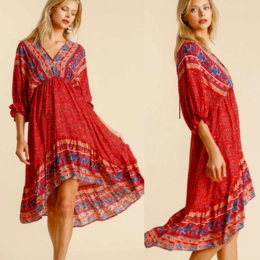 Umgee Boho Floral Hi-Low Maxi Dress L Plunging V-Neck V-back Flowy Festival Chic